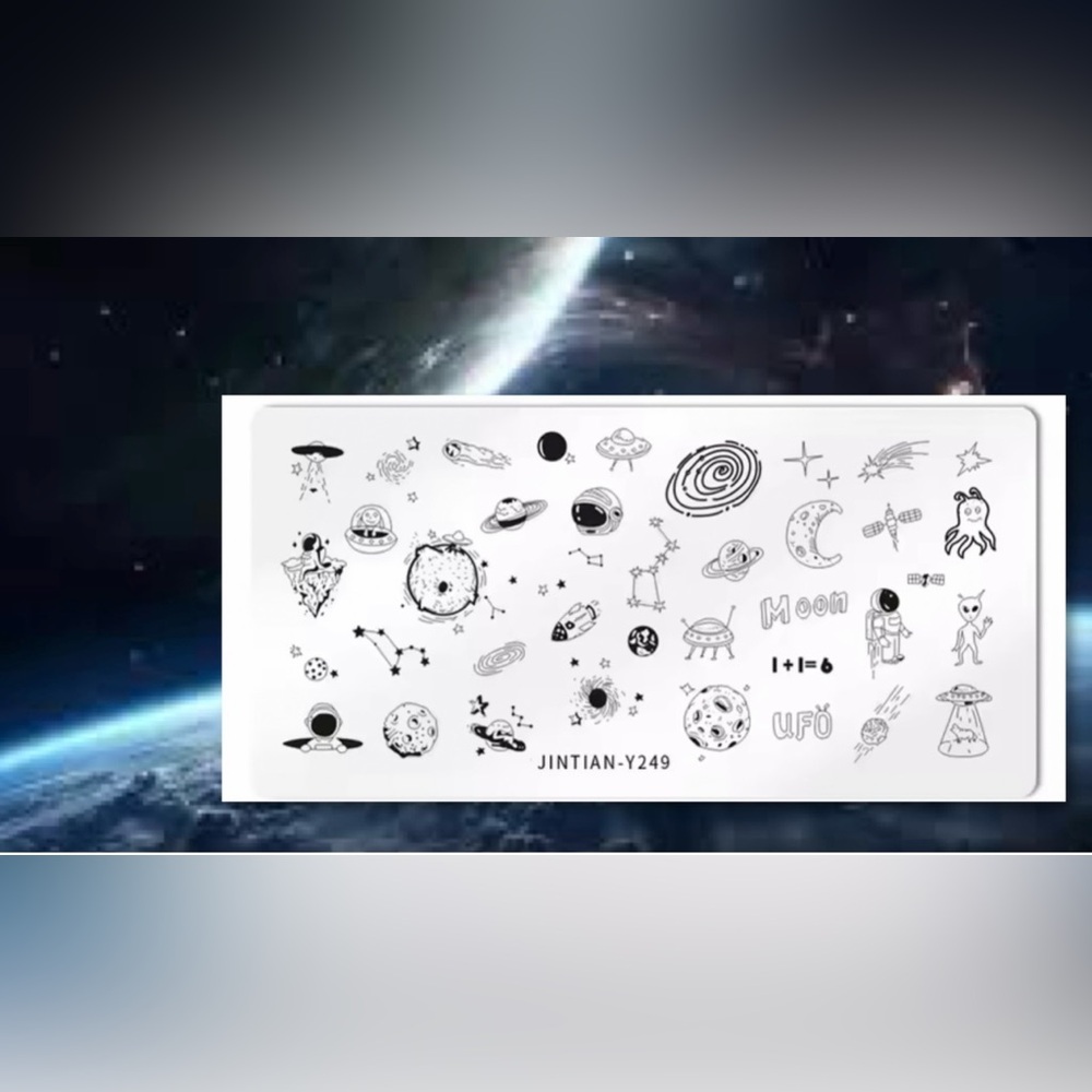 $5 SPACE NAIL STAMPING PLATE. STAINLESS STEEL WITH WHITE BASE. NEW. $5 IF BUNDLE